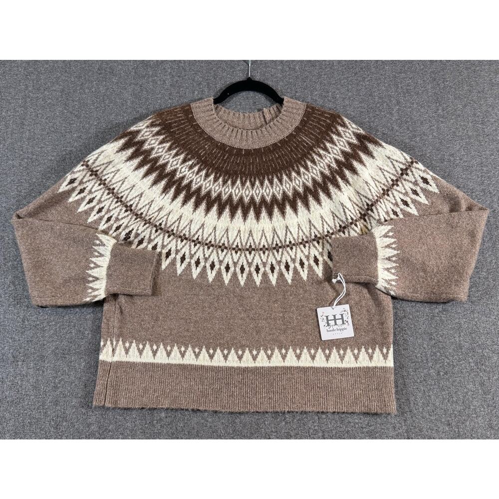 Haute Hippie Style Sweater Womens Medium Brown Fair Isle Knit Pullover Crewneck